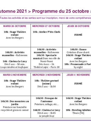 Programme des vacances d'automne
