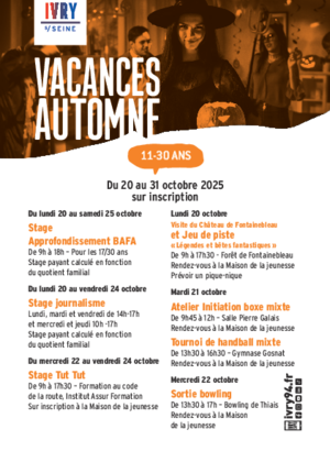 Programme des vacances d'automne de la Jeunesse